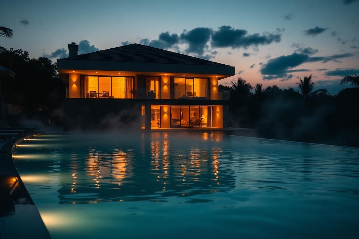 Piscina aquecida com iluminação quente ao entardecer